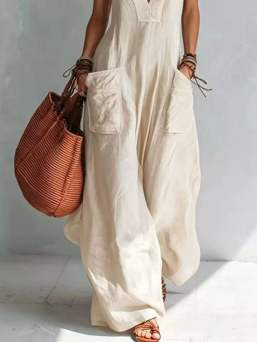 bohemian jumpsuit in White with v-neck
