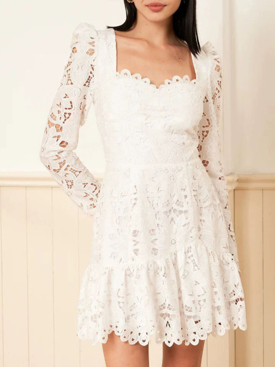 ivory mini dress with floral and square neck