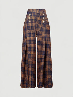 black wide-leg pants featuring decorative buttons and plaid