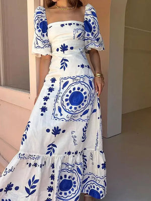 bohemian maxi dress in White with square neck