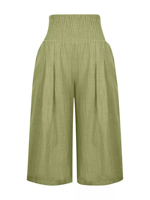 Wide leg culottes in olive green linen blend with smocked high waist and pleats
