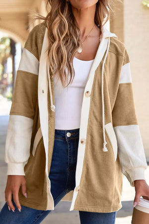 Camel knit trim drawstring hoodie with button front and white contrast sleeves.