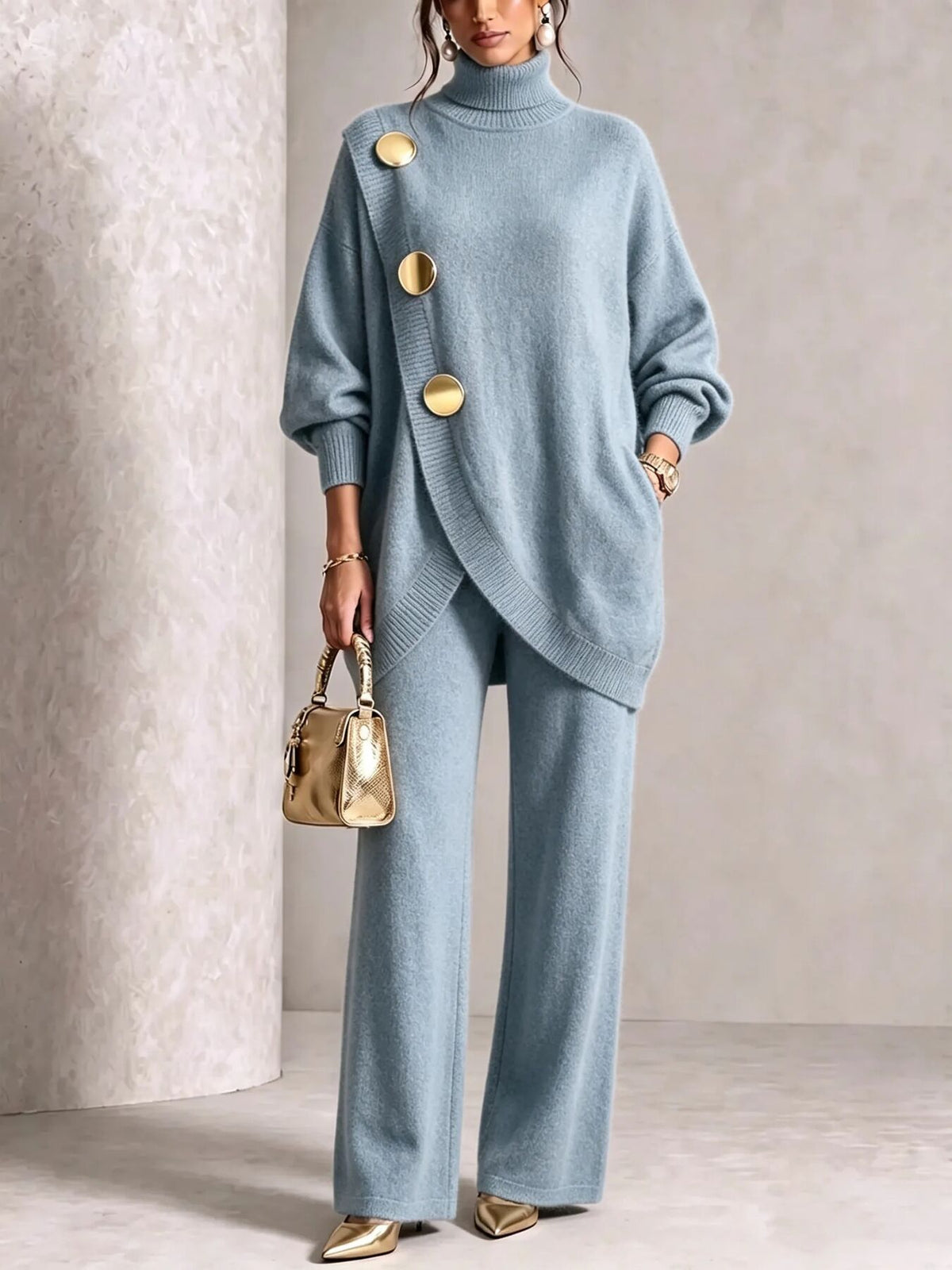 classic sweater and pants set in Army Green with turtleneck