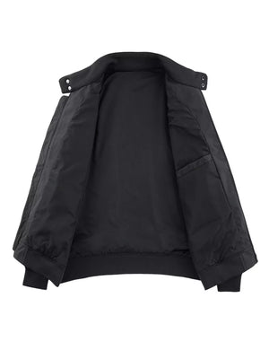 Plus-size black bomber jacket with zip front and snap collar details.