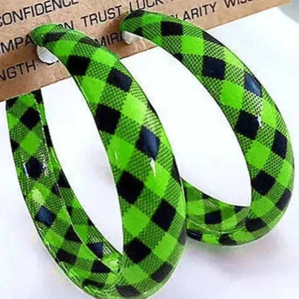 Green buffalo check statement hoop earrings with a glossy finish.