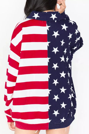 Patriotic print half-zip sweatshirt with stars and stripes design, polyester.