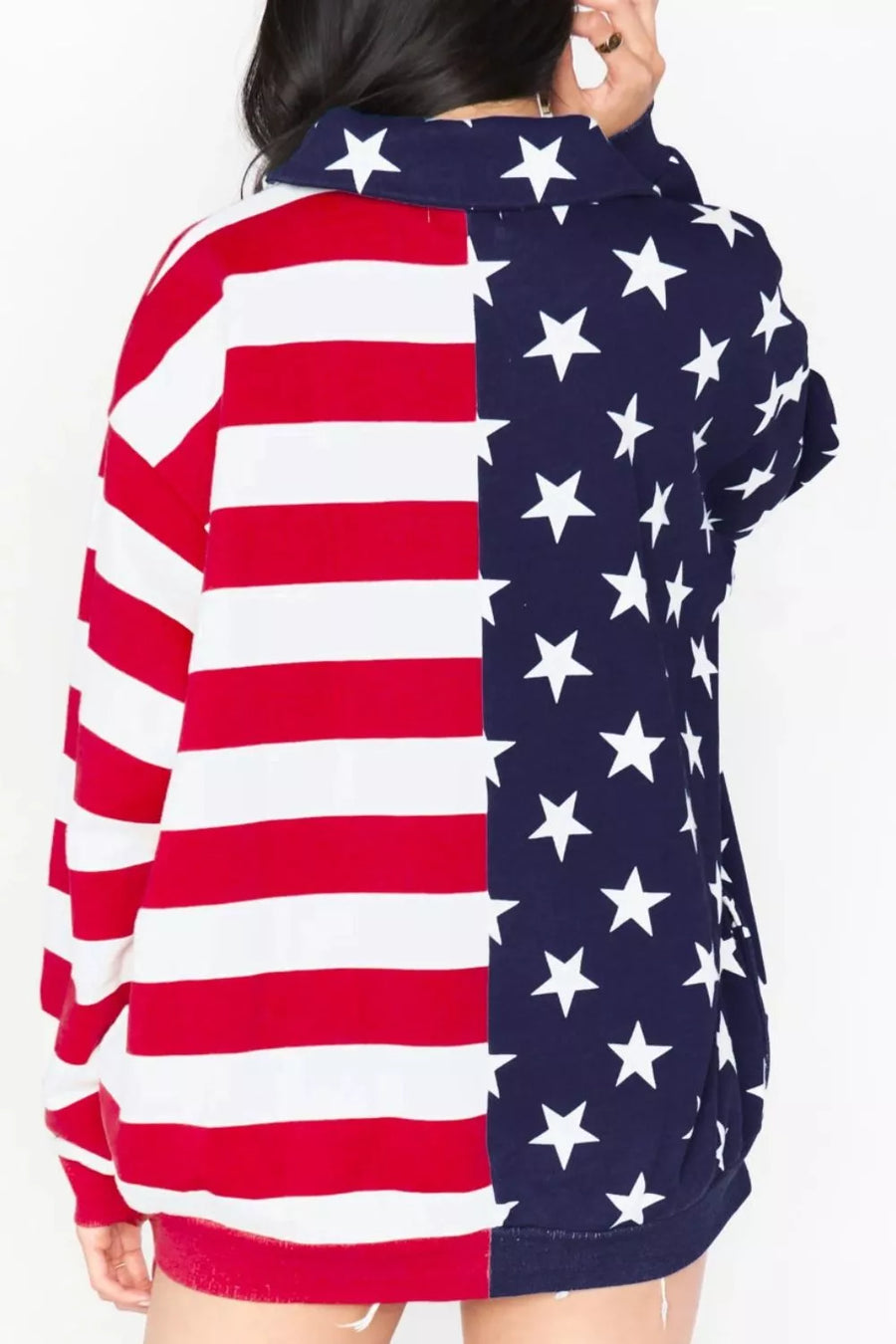 Patriotic print half-zip sweatshirt with stars and stripes design, polyester.