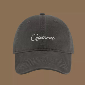 Charcoal baseball cap with white embroidered text
