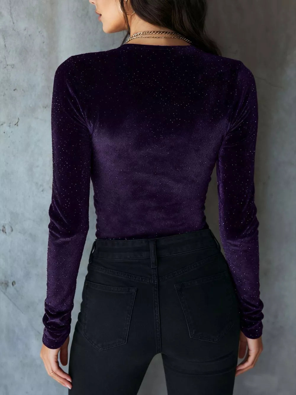 Violet velvet ruched long sleeve t-shirt with subtle sparkle detail