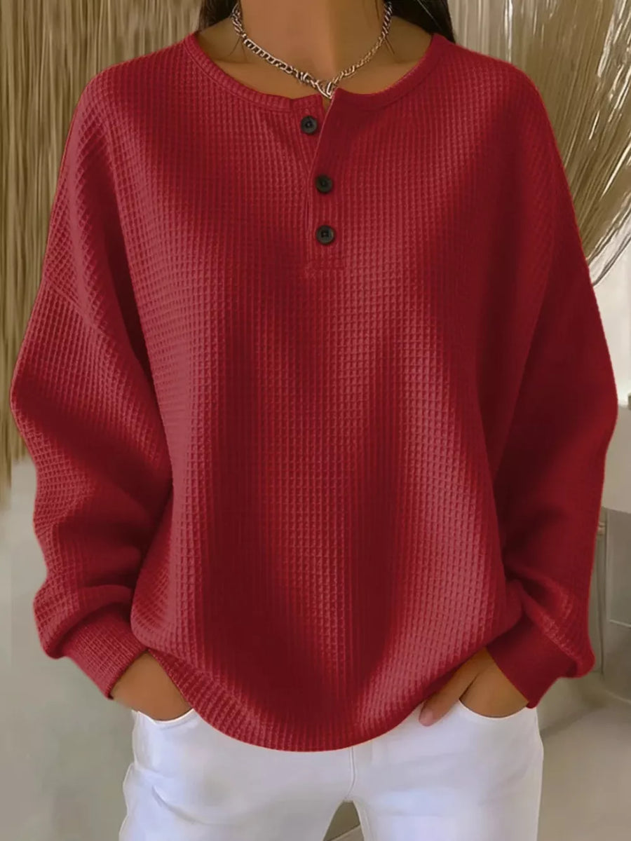 Full Size Waffle Knit Button Detail Top Plus Size in White