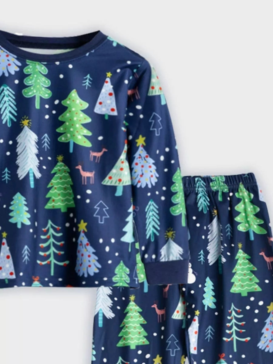 Navy Christmas tree print pajama set with long sleeves and pants.