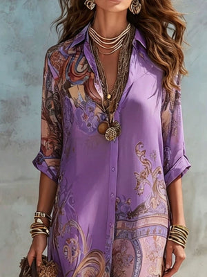 camel shirt dress with button-front and ornate print