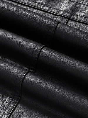 Black faux leather sport jacket detail with textured material and stitching.