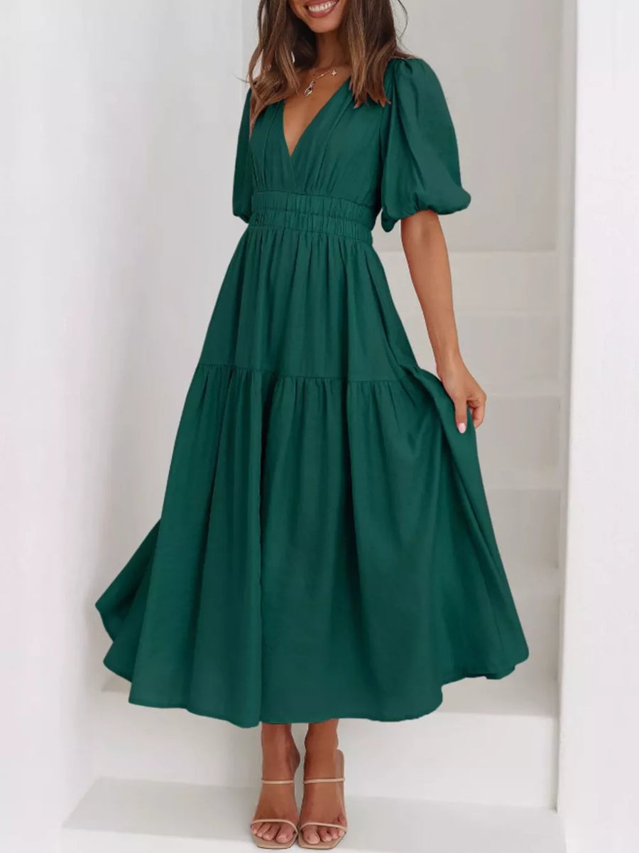Elegant Puff Sleeve V-neck Midi Dress in Light Blue