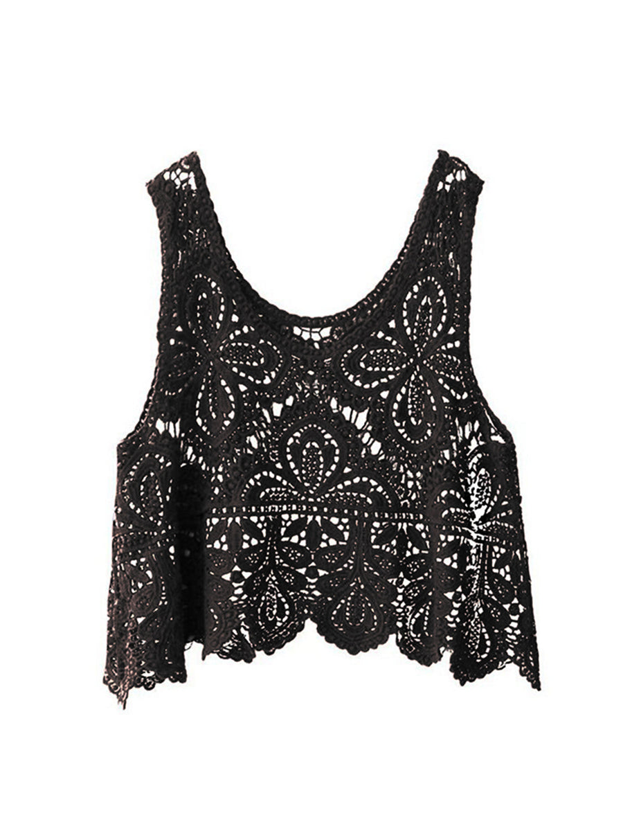 Black lace overlay cropped vest with intricate floral pattern and scalloped hem