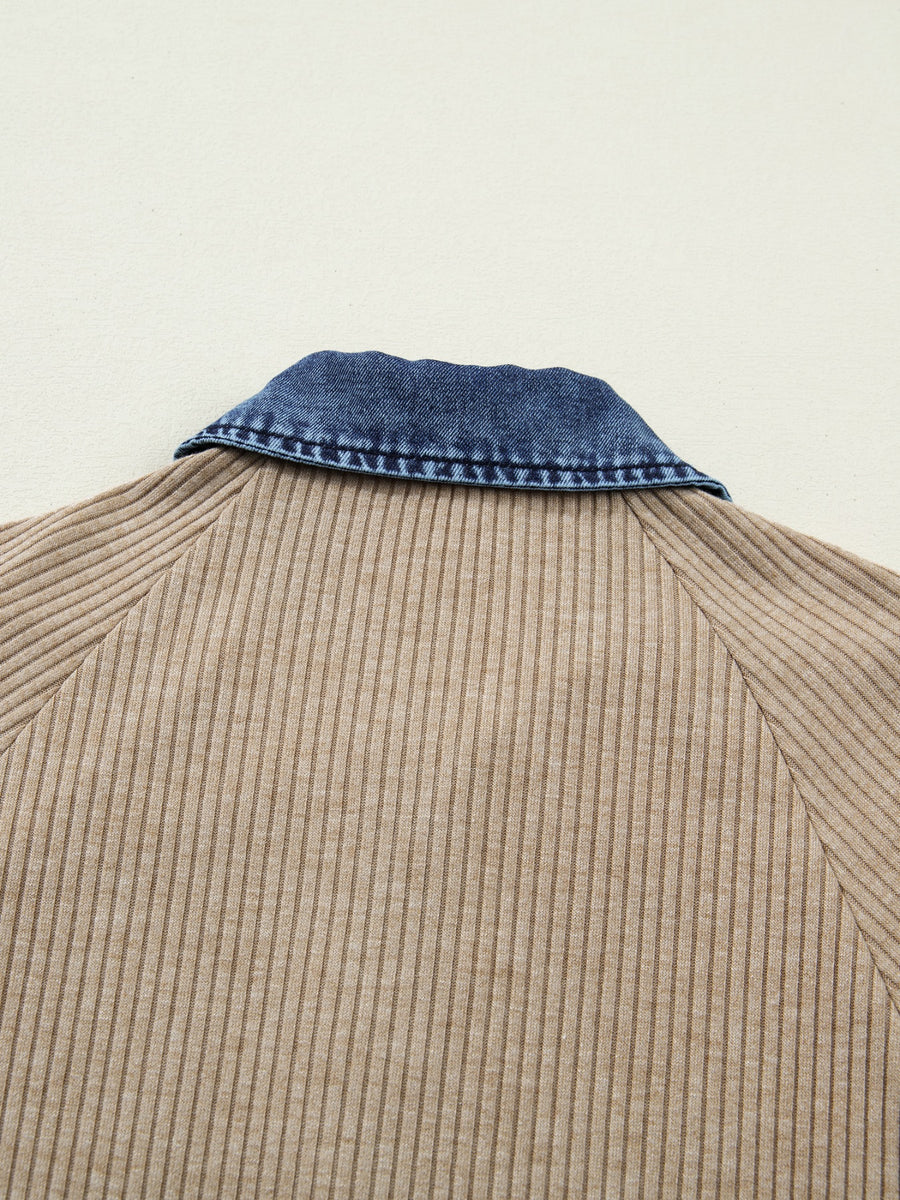 Cozy ribbed knit shirt in tan with a denim collar detail.