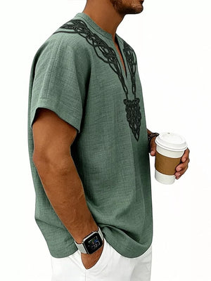 Black Men's Notched Printed Short Sleeve Shirt Plus Size