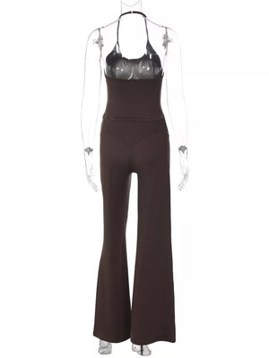 Brown halter crop top and wide-leg pants set