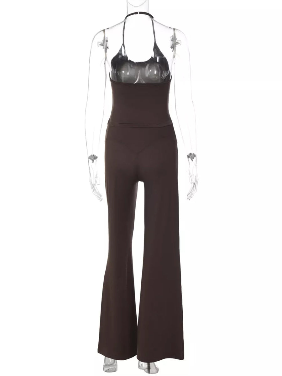 Brown halter crop top and wide-leg pants set