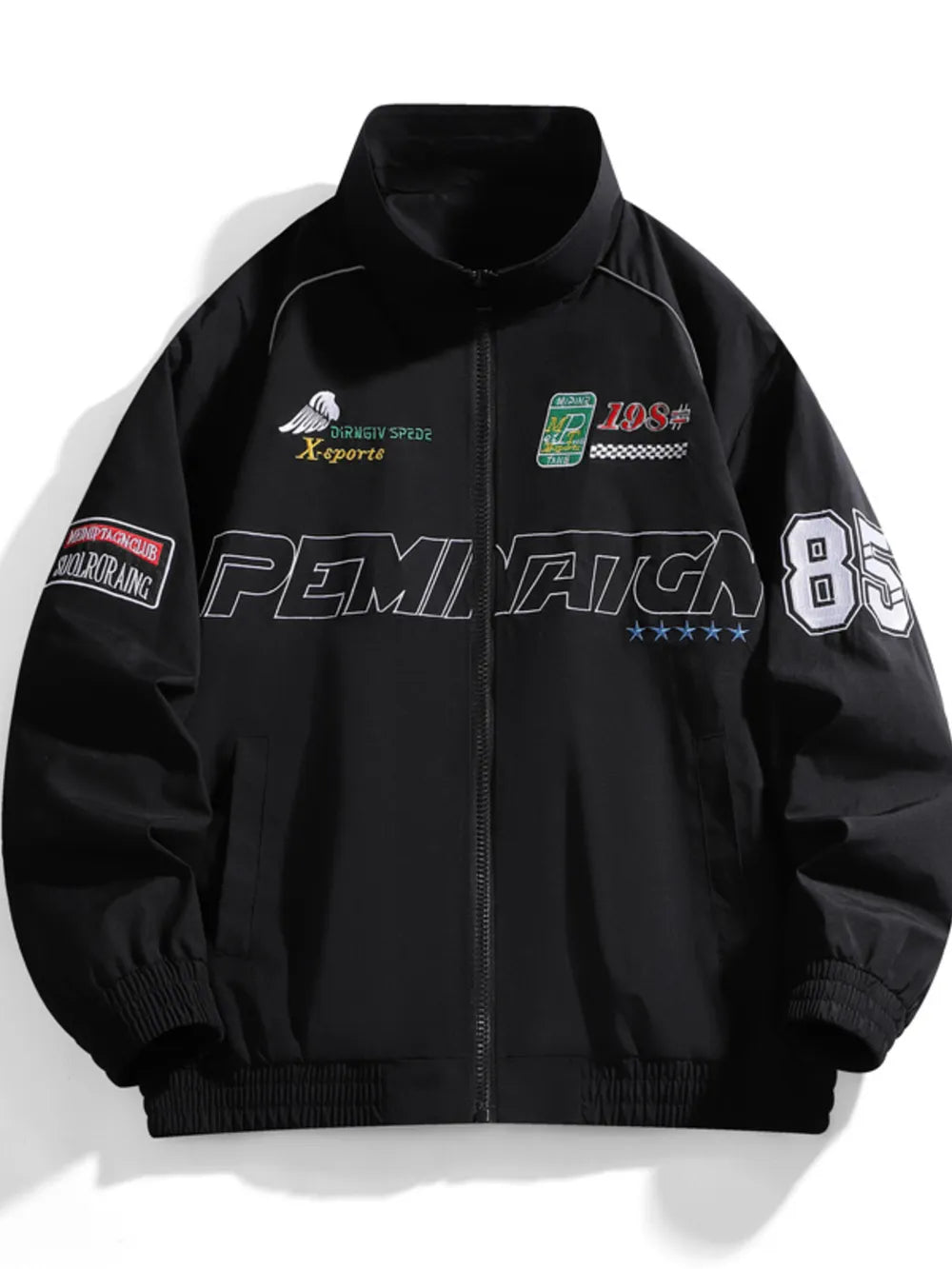 Black racing-inspired bomber jacket with graphic patches and "PEMIAIGA 85" text.