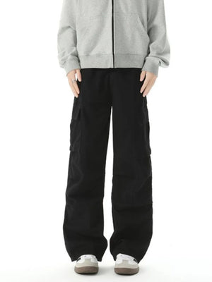 Relaxed fit black cargo pants with multiple utility pockets and a casual style.