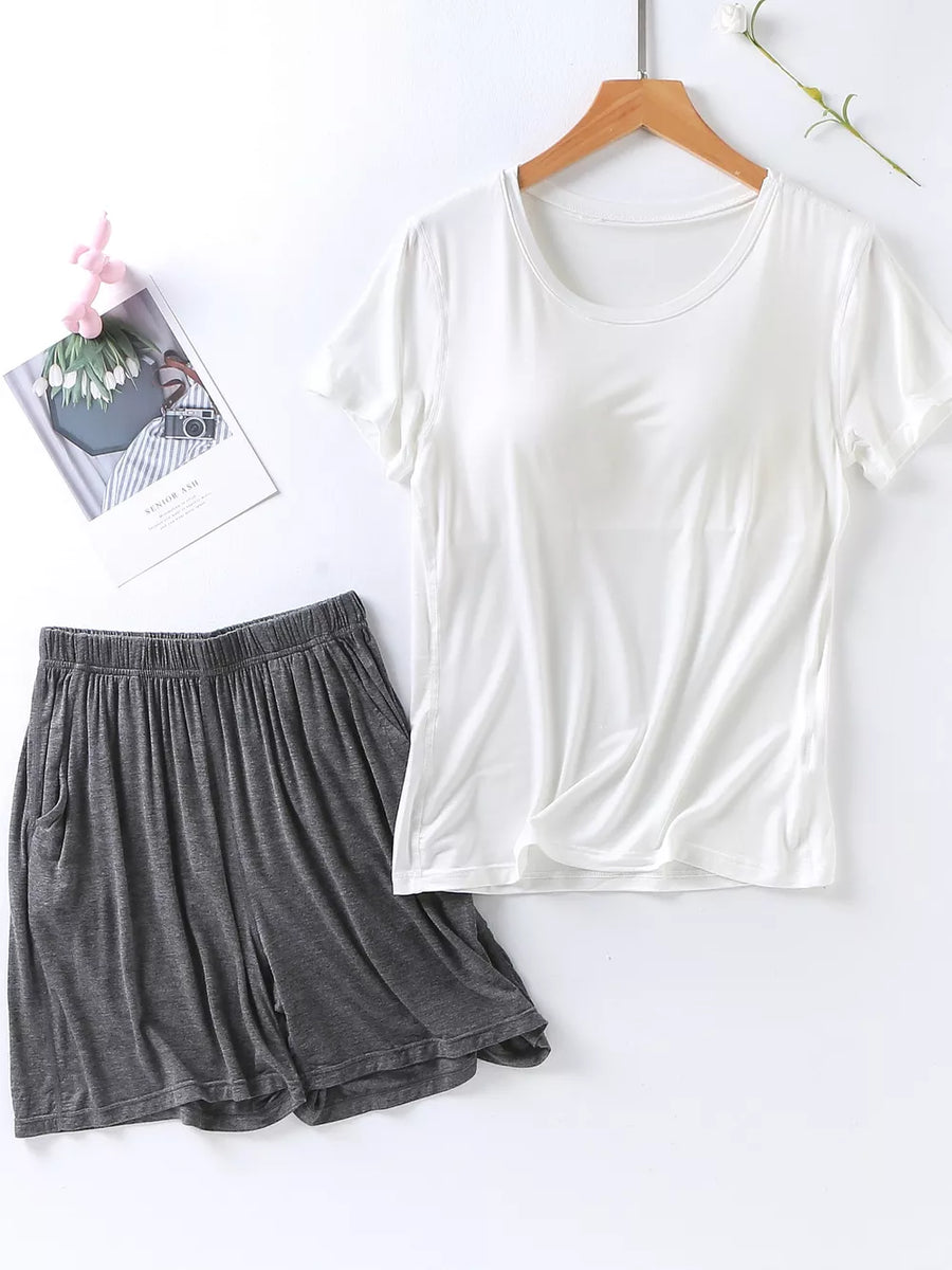 White short sleeve pajama top and heather gray shorts with pockets and elastic waistband