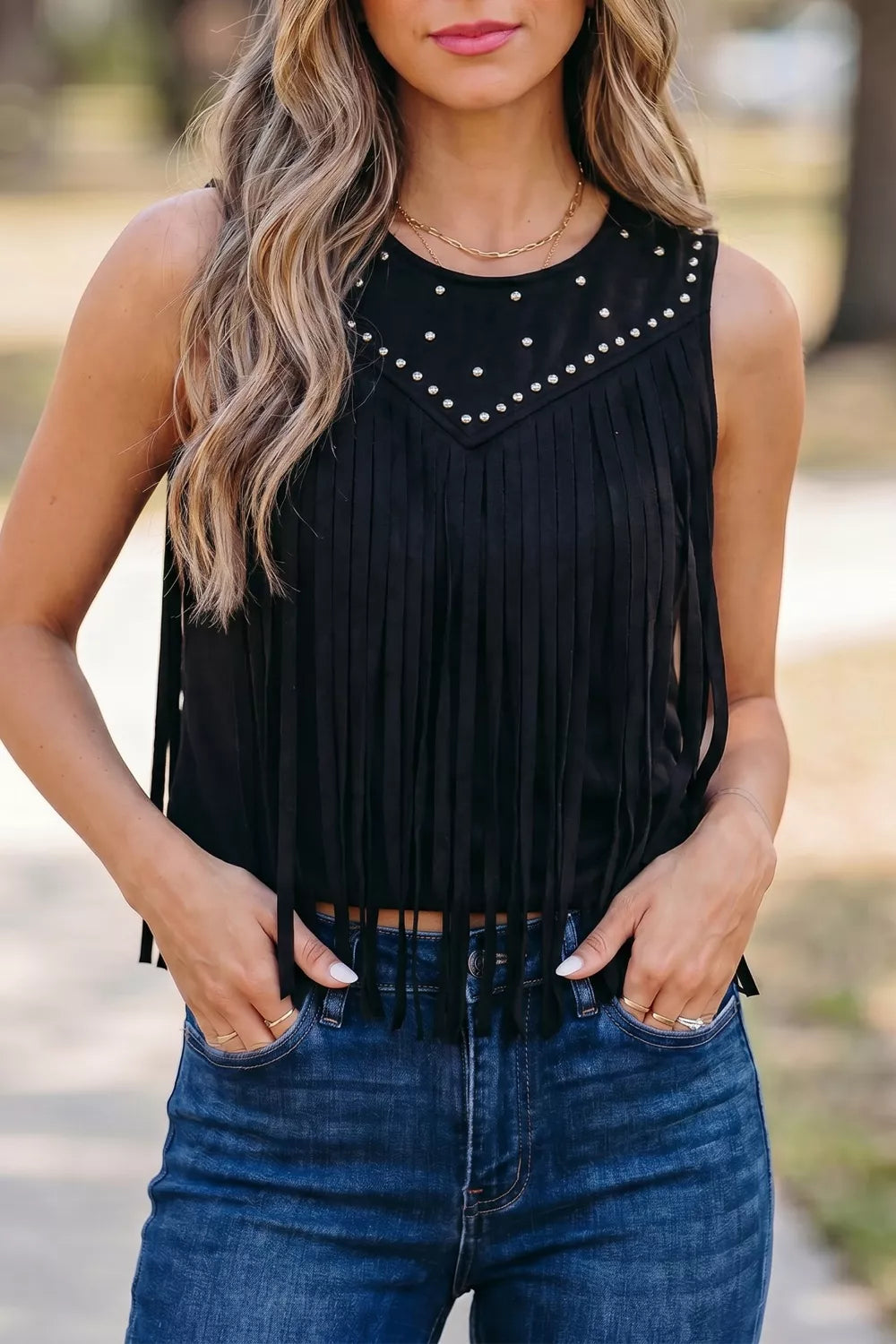 Black rhinestone-embellished western fringe tank top with a cropped cut.