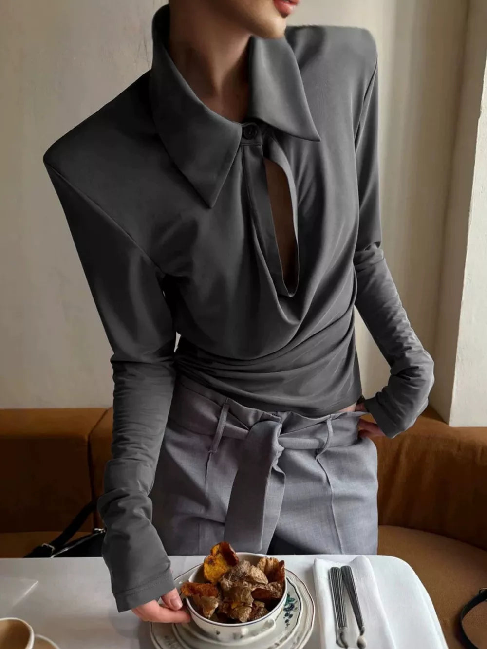 blouse in charcoal featuring ruched and slim fit
