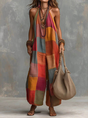 orange jumpsuit with color-block and halter