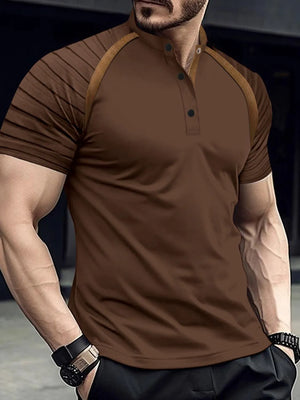 Brown contrast raglan polo with mandarin collar and striped sleeves.