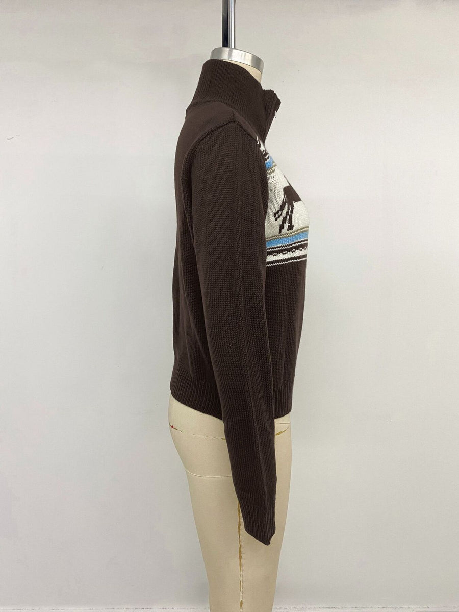 Horse Zip Up Mock Neck Cardigan in Coffee Brown with zipper