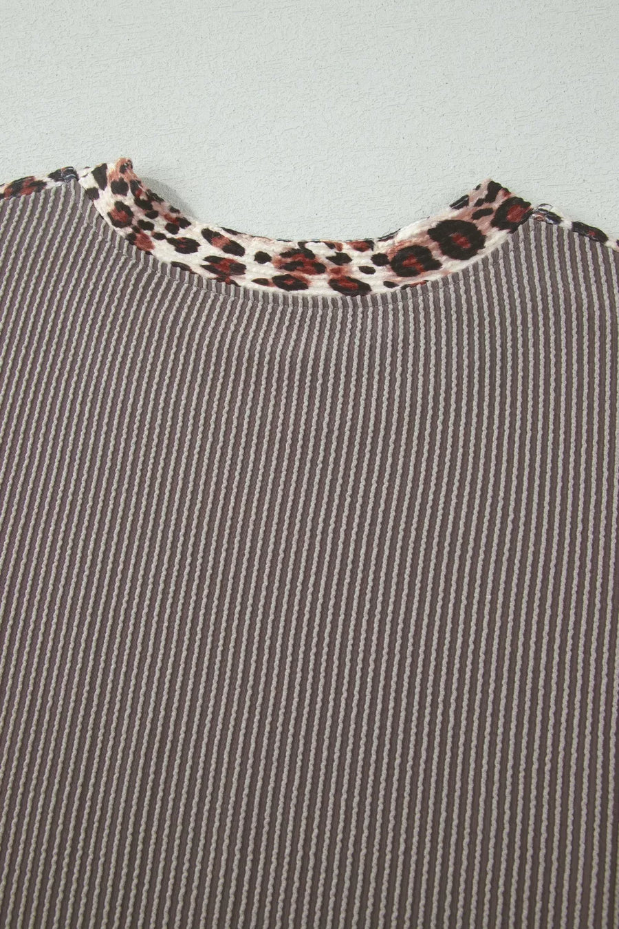 Ribbed knit two-piece set with leopard trim neckline