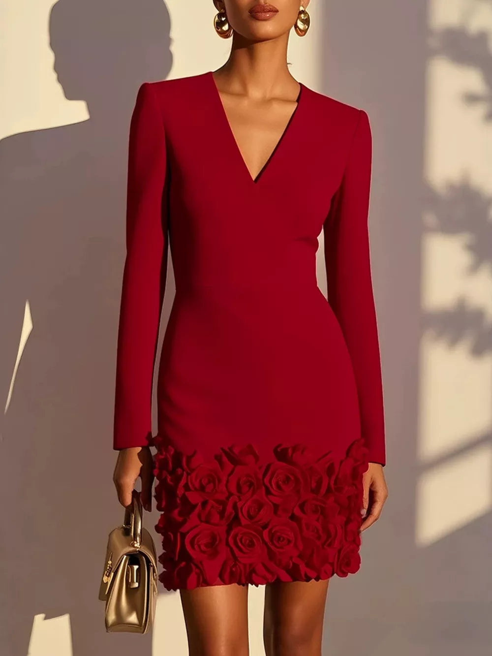 V-neck Mini Dress With Rose Embellishment in Black