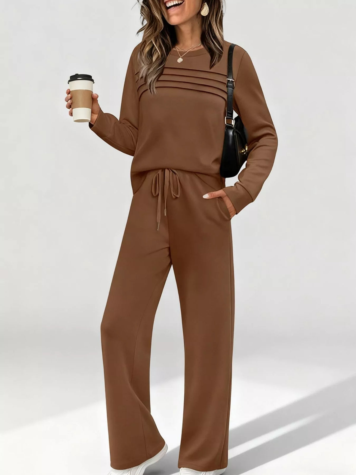 Brown casual long-sleeve top and drawstring pants set with ribbed detail on the chest.