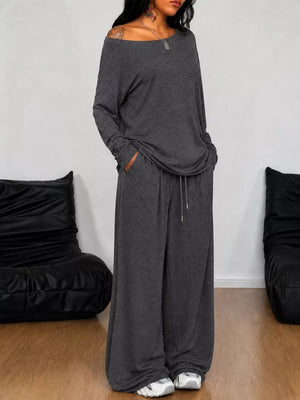 Dark Gray Loose Fit One-shoulder T-shirt And Pants Set Plus Size