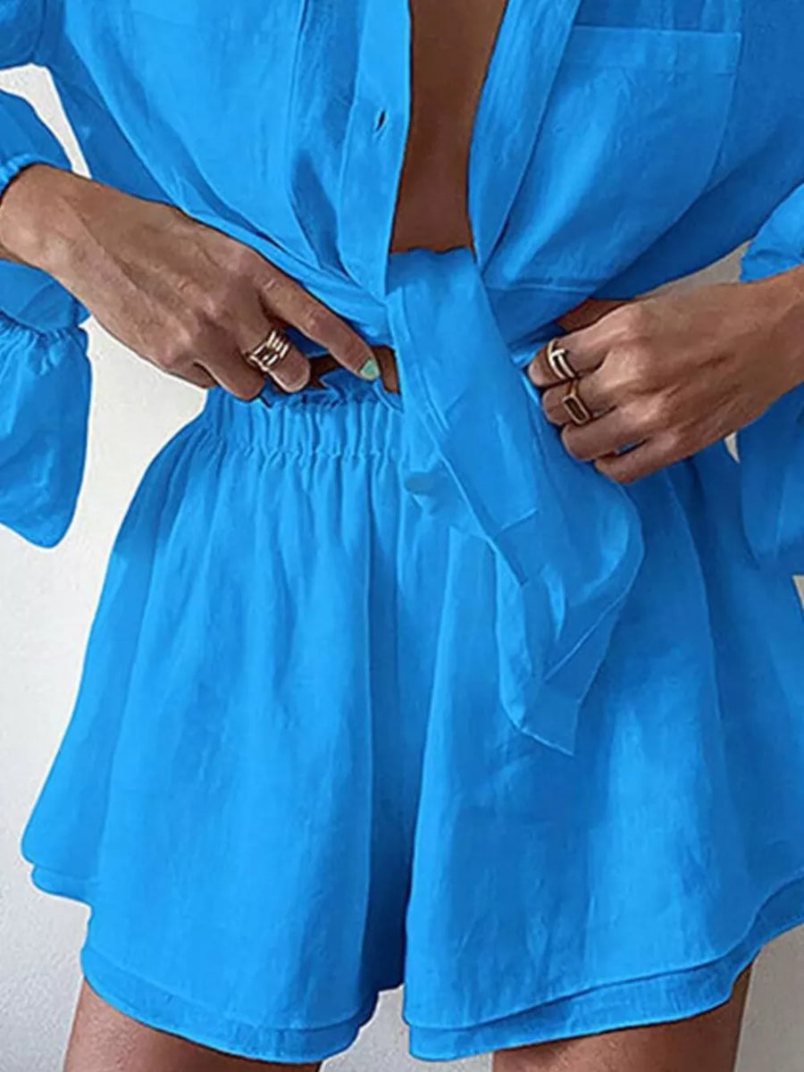 Sky blue relaxed two-piece shirt and shorts set with tie front and elastic waist shorts