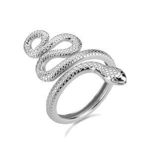 Silver coiled serpent ring with textured scales and a detailed snake head.