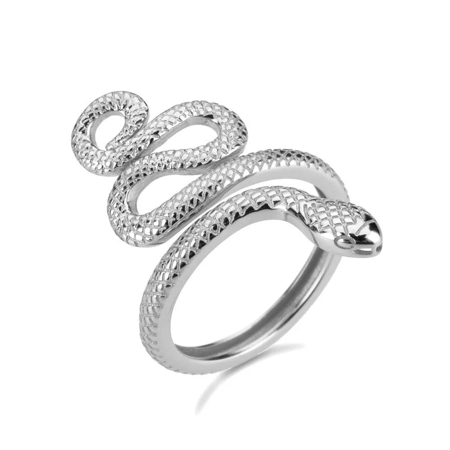 Silver coiled serpent ring with textured scales and a detailed snake head.