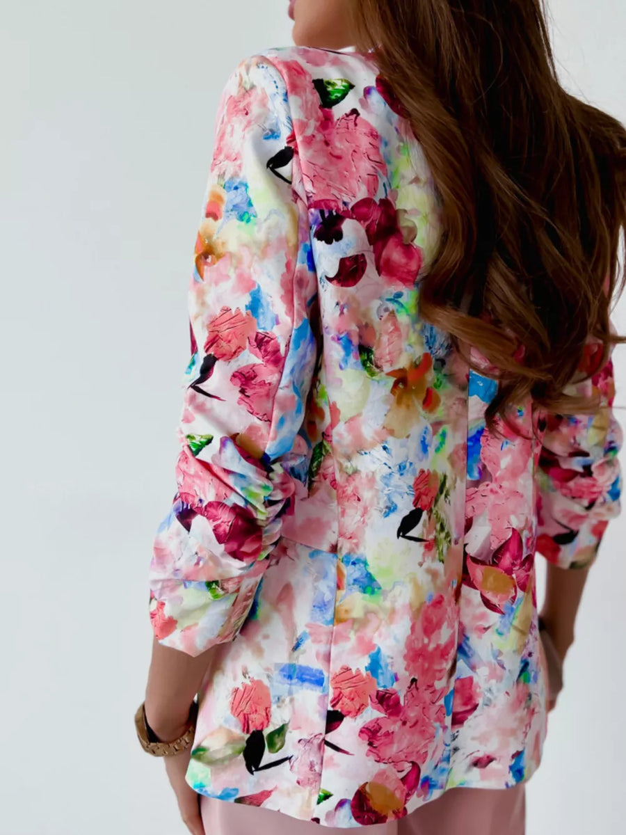 Vibrant Floral Print Open Front Blazer in Pink