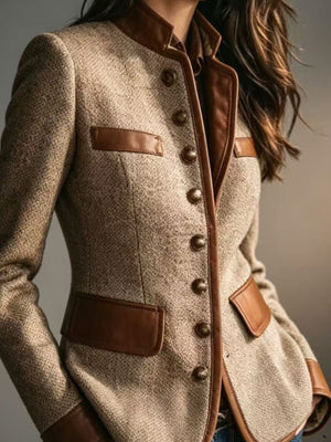 cognac blazer featuring buttoned and tweed