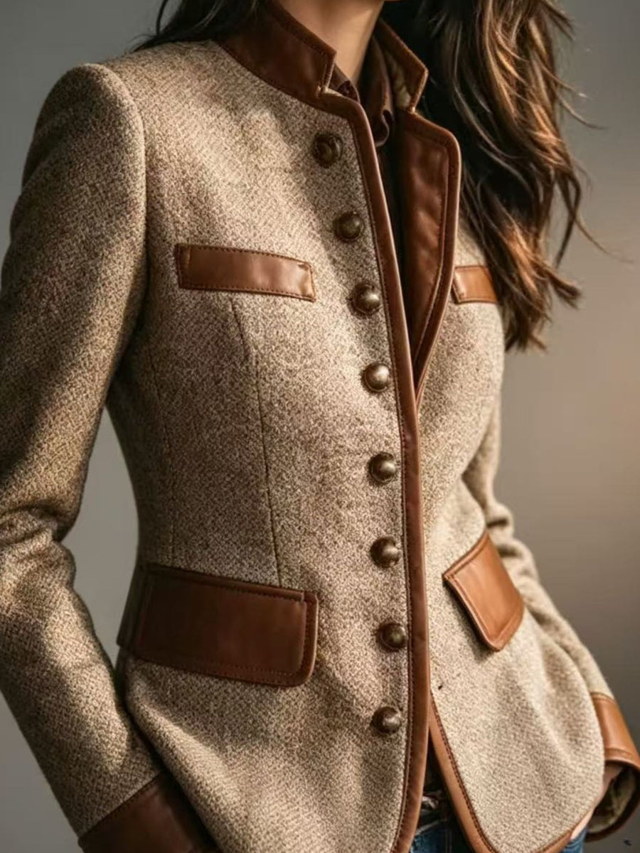 cognac blazer featuring buttoned and tweed