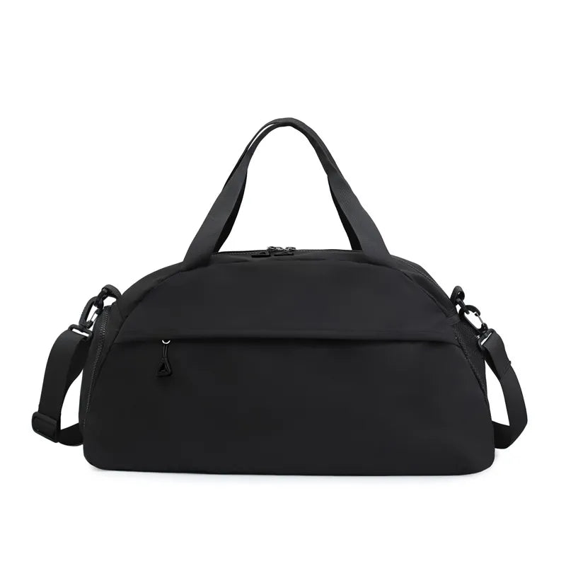 Black duffle bag with detachable strap and front zip pocket
