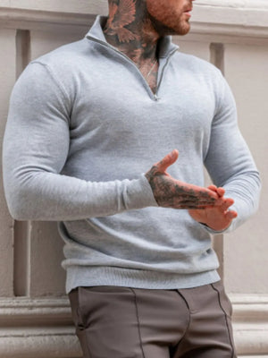 Slim fit gray quarter zip sweater with silver zipper detail