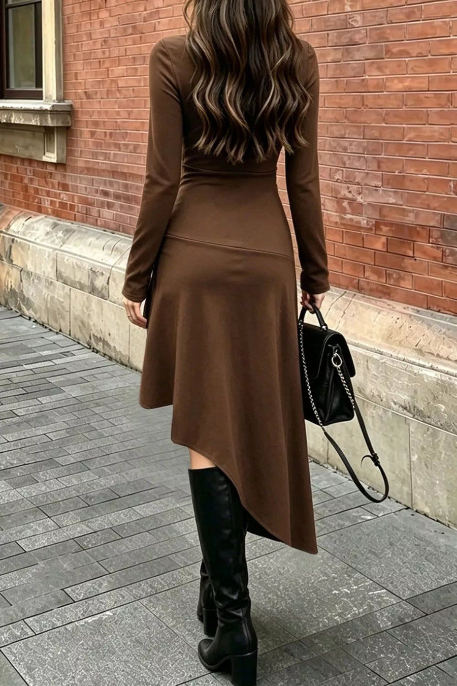 Ruched Asymmetrical Hem Long Sleeve Dress in Brown