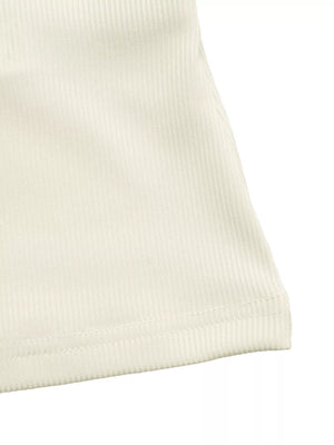 Cream ribbed knit v-neck t-shirt with bow detail