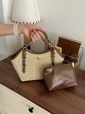 crossbody bag in light tan featuring woven texture and structured fit