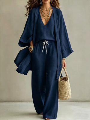Navy linen blend wide leg pants and v-neck top with matching kimono jacket