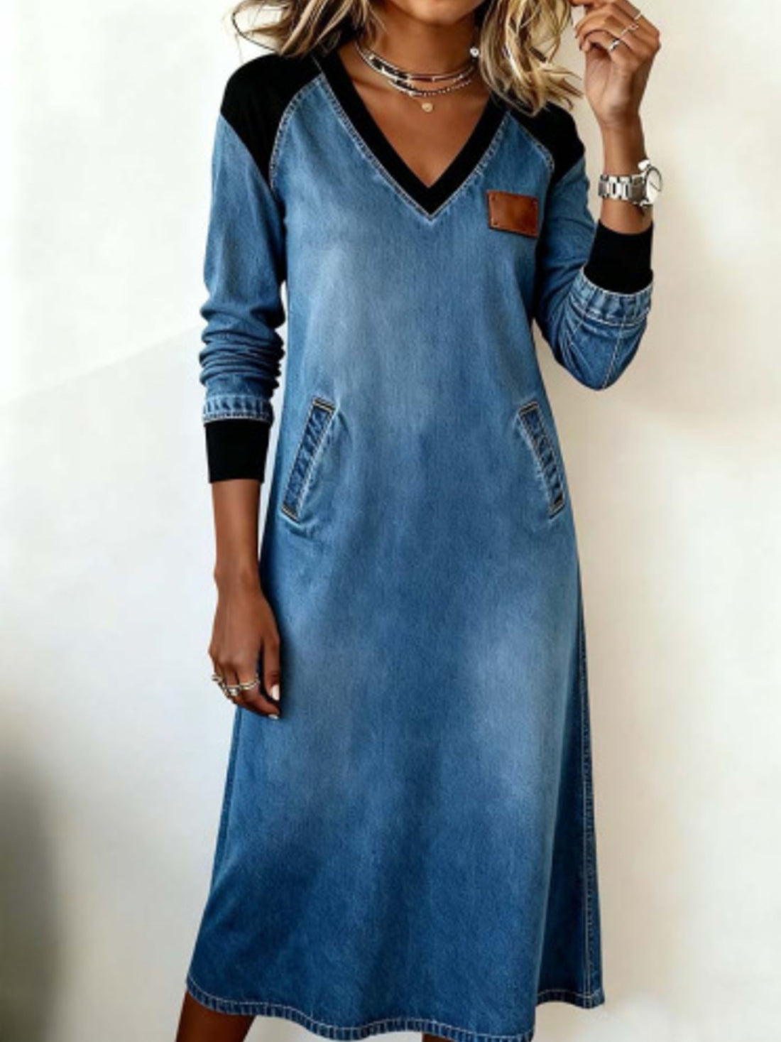 Multicolor Full Size Contrast V-neck Midi Dress Plus Size