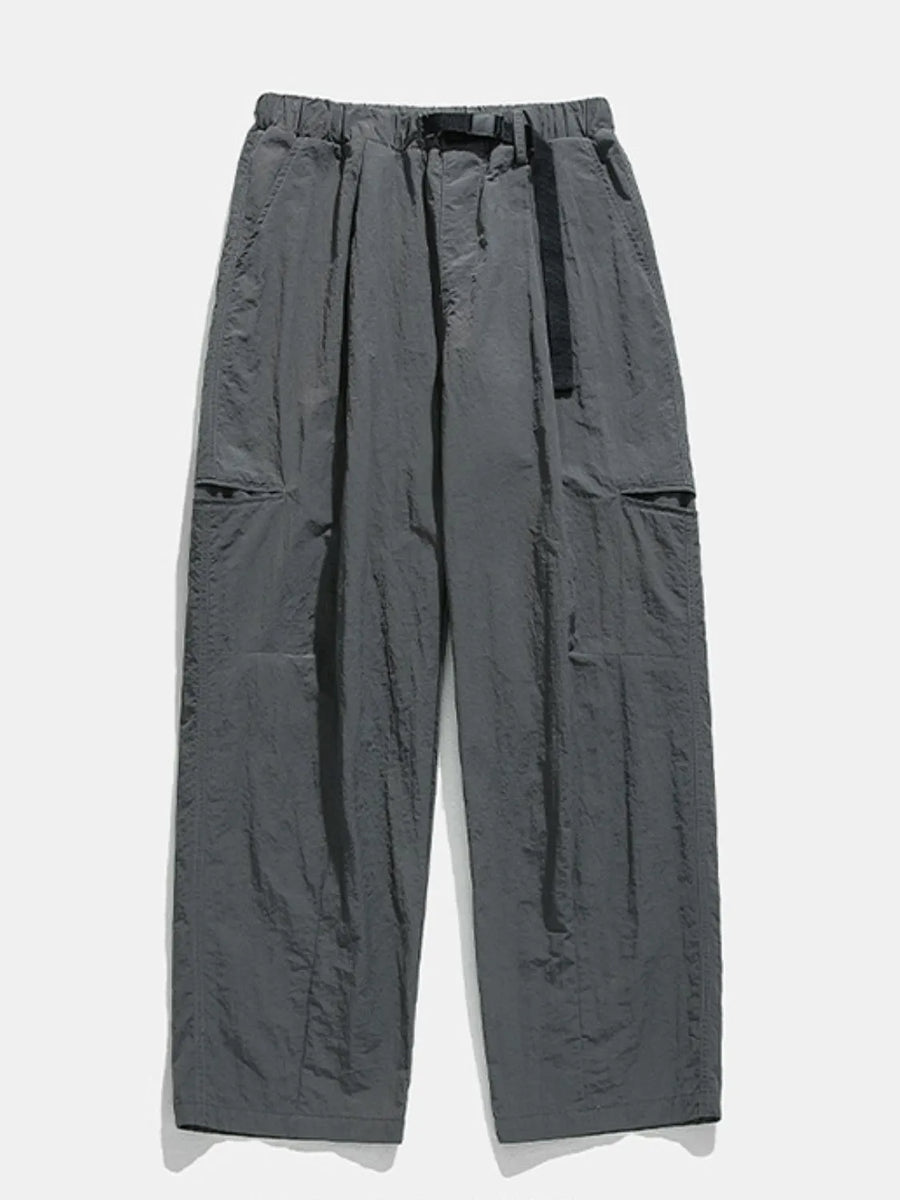 Dark gray technical fabric cargo pants with belt and multiple pockets