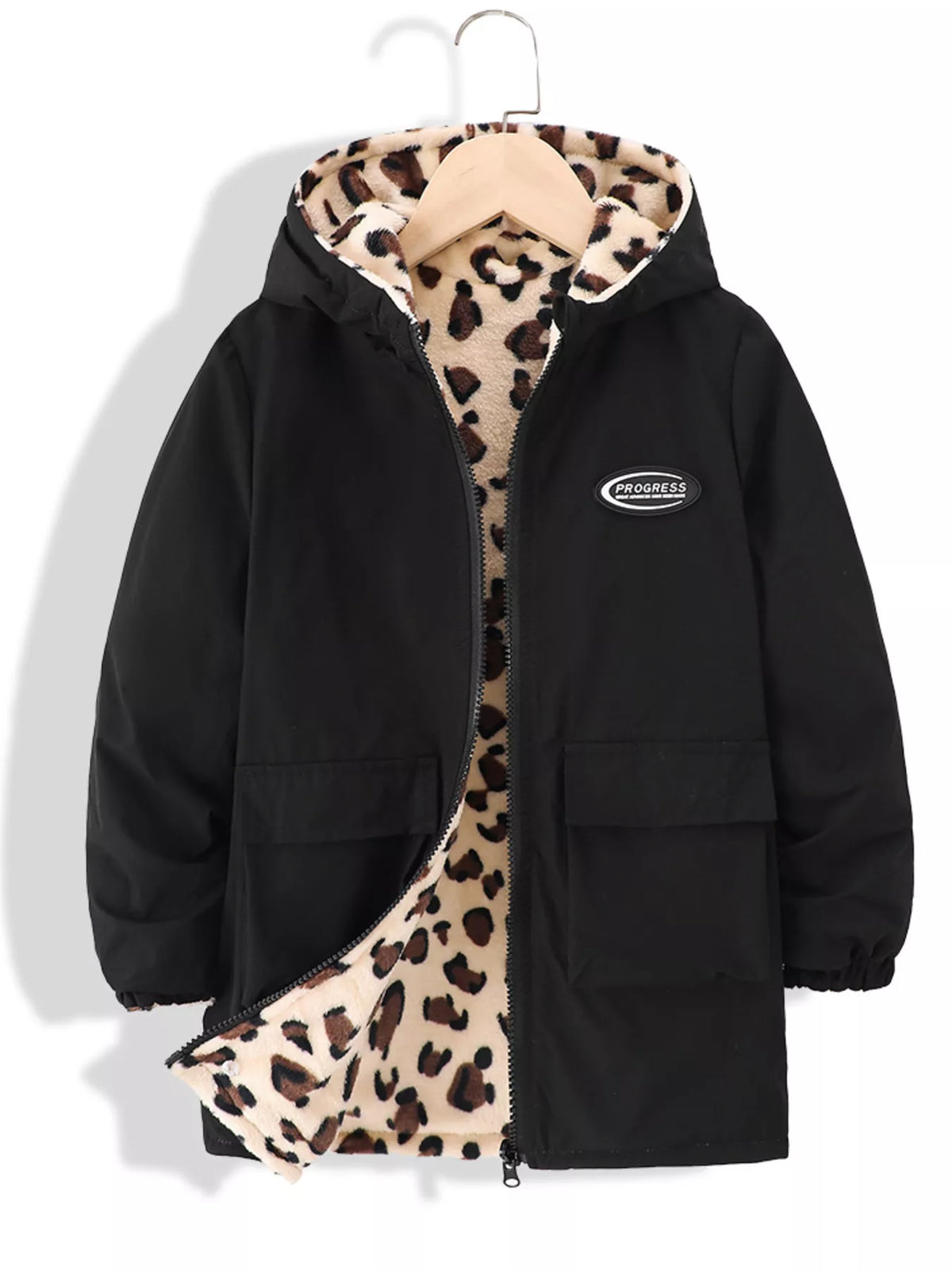 Black hooded jacket with leopard print lining and two front pockets.